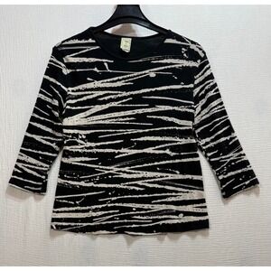 Jess & Jane Zebra Lines Top Women Sz L Black White 3/4 Sleeve Cotton Sustainable